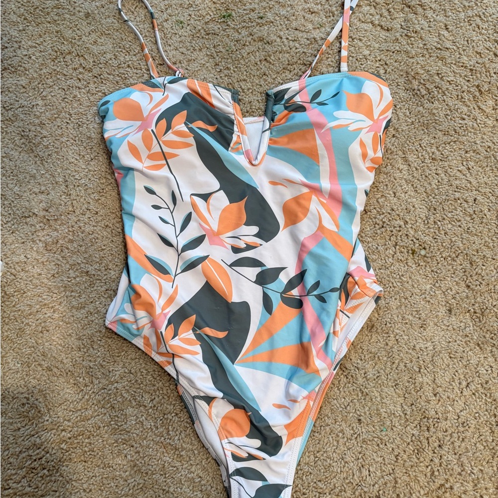 Floral V-Notch One-Piece Swimsuit in Peach & Teal